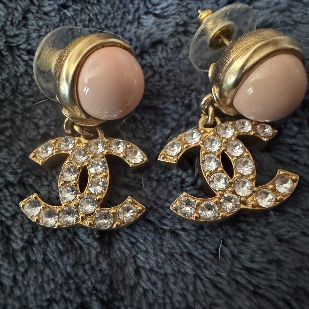 Authentic Chanel Gold and Pink Crystal Logo Earrings
